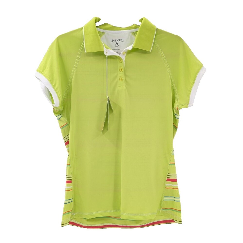 Antigua Women's Desert Dry Neon Yellow Green Striped Golf Polo Shirt Size Medium